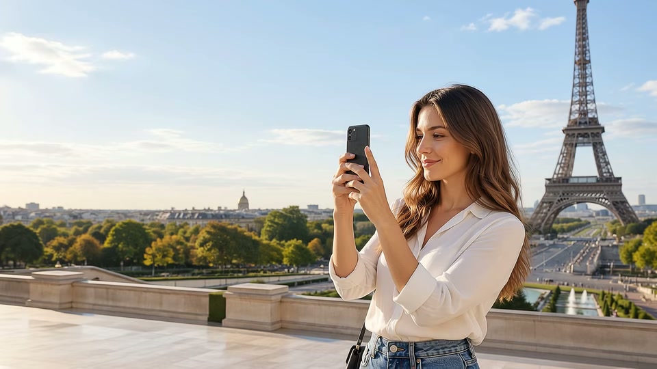 A woman enjoying the sunlight beside the Eiffel Tower in Paris